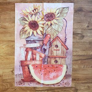 Vintage Garden Flag, Large, Diane Knott design, Country Sunflower Birdhouse